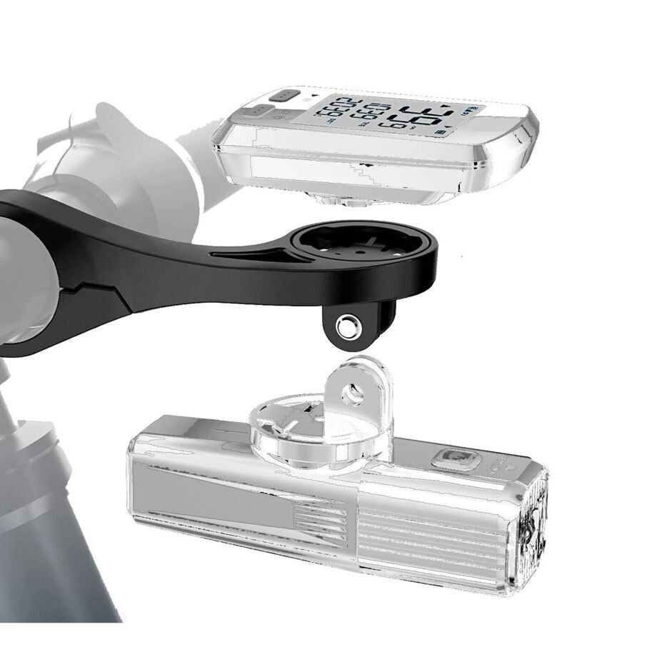 Out-front mount installed on handlebar with GPS computer and action camera